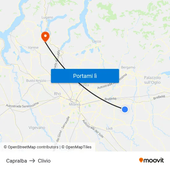 Capralba to Clivio map