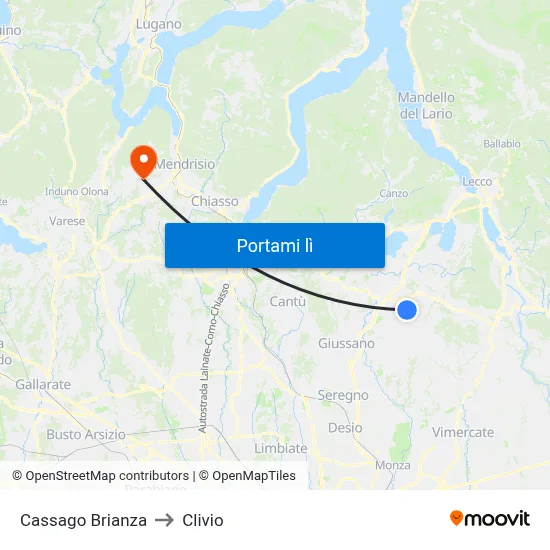 Cassago Brianza to Clivio map