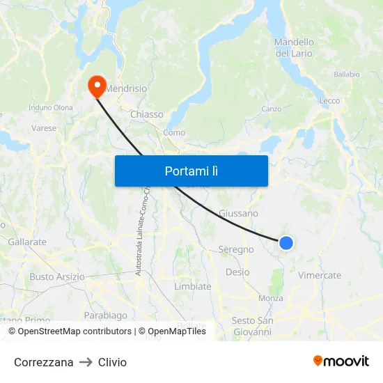 Correzzana to Clivio map