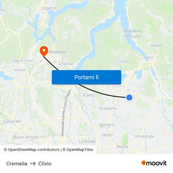 Cremella to Clivio map