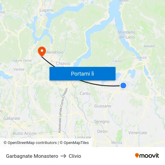 Garbagnate Monastero to Clivio map