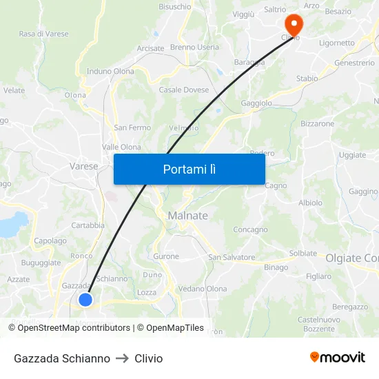 Gazzada Schianno to Clivio map