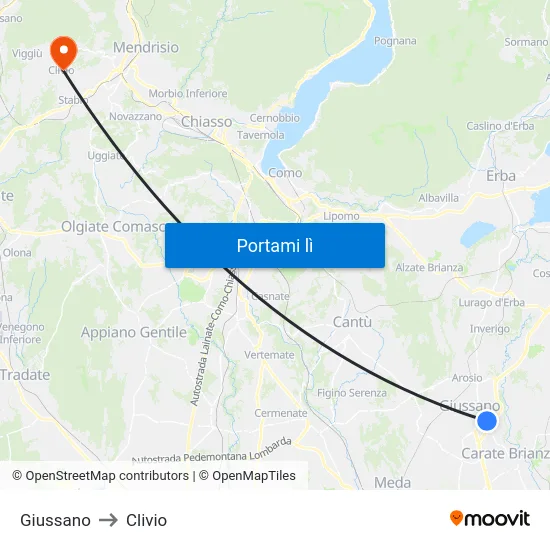 Giussano to Clivio map