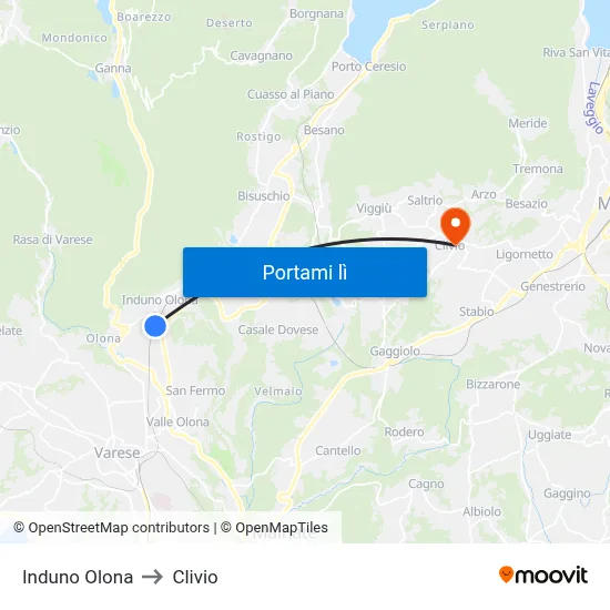Induno Olona to Clivio map