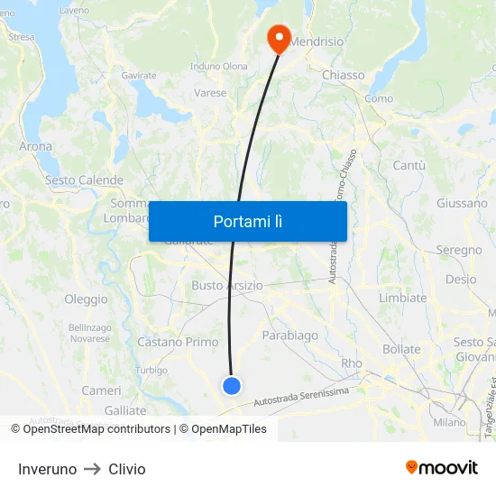 Inveruno to Clivio map