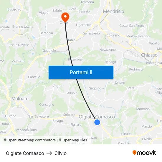 Olgiate Comasco to Clivio map