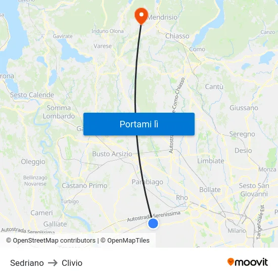 Sedriano to Clivio map