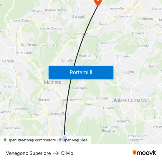 Venegono Superiore to Clivio map