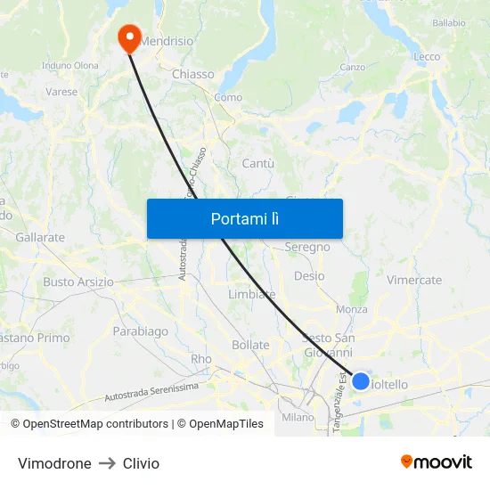 Vimodrone to Clivio map