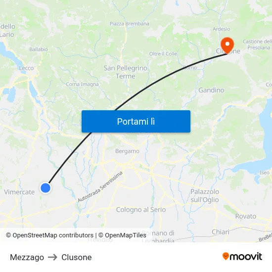 Mezzago to Clusone map