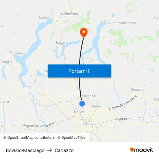 Bovisio-Masciago to Carlazzo map