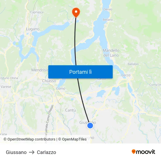 Giussano to Carlazzo map