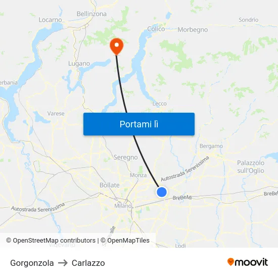 Gorgonzola to Carlazzo map