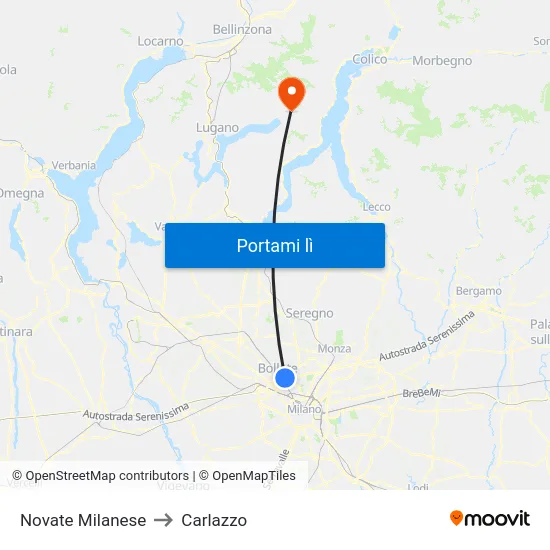Novate Milanese to Carlazzo map