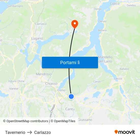 Tavernerio to Carlazzo map