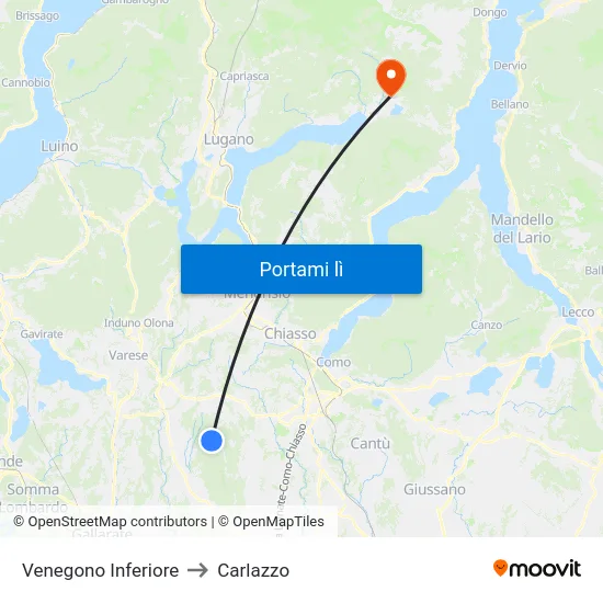 Venegono Inferiore to Carlazzo map