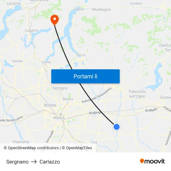 Sergnano to Carlazzo map