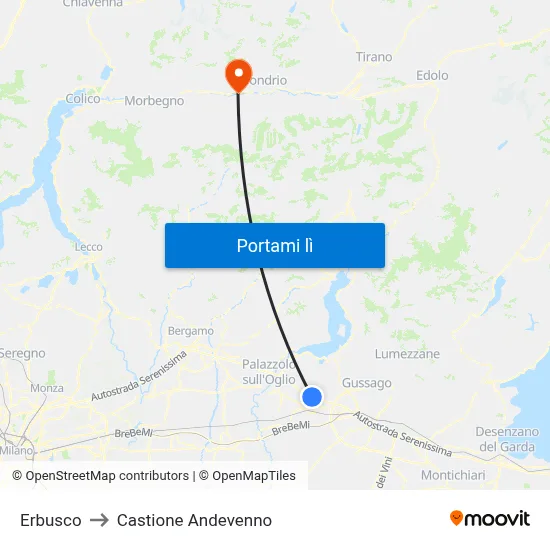 Erbusco to Castione Andevenno map