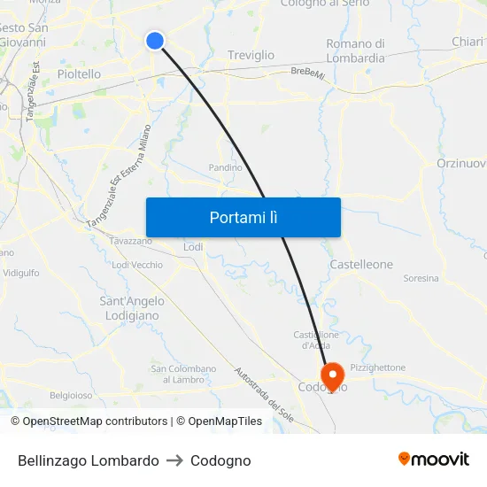 Bellinzago Lombardo to Codogno map