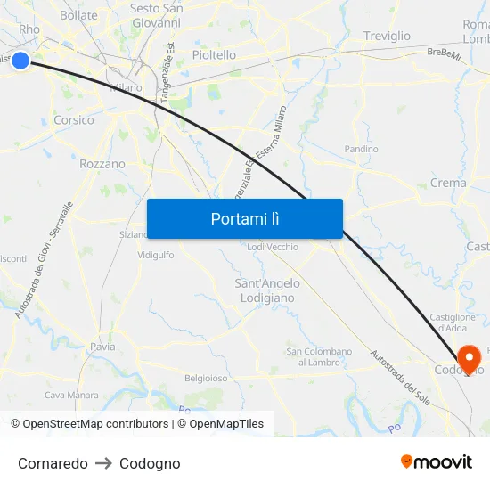 Cornaredo to Codogno map