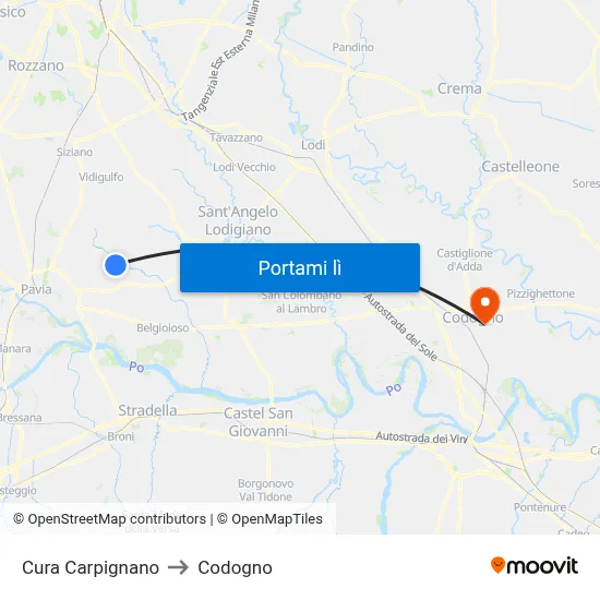 Cura Carpignano to Codogno map
