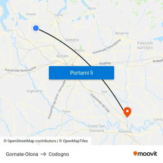 Gornate-Olona to Codogno map