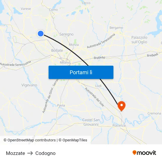 Mozzate to Codogno map