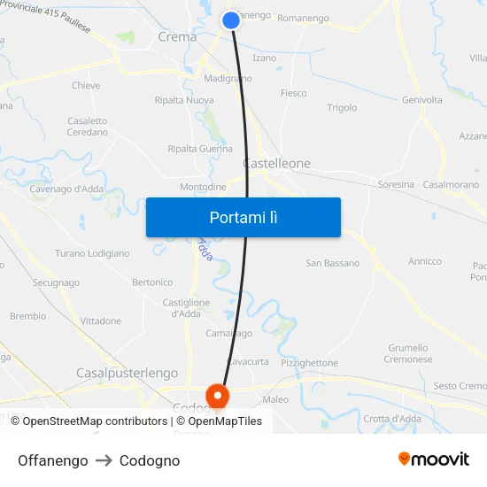 Offanengo to Codogno map