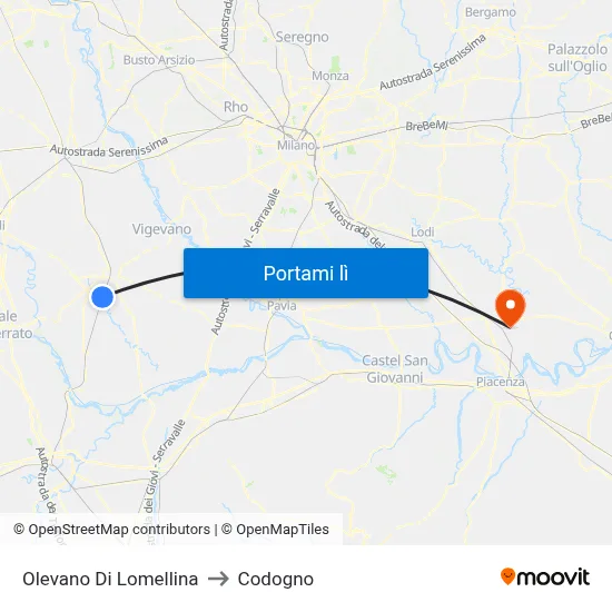 Olevano Di Lomellina to Codogno map