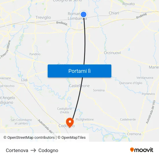 Cortenova to Codogno map