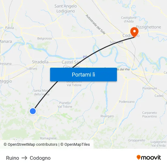 Ruino to Codogno map
