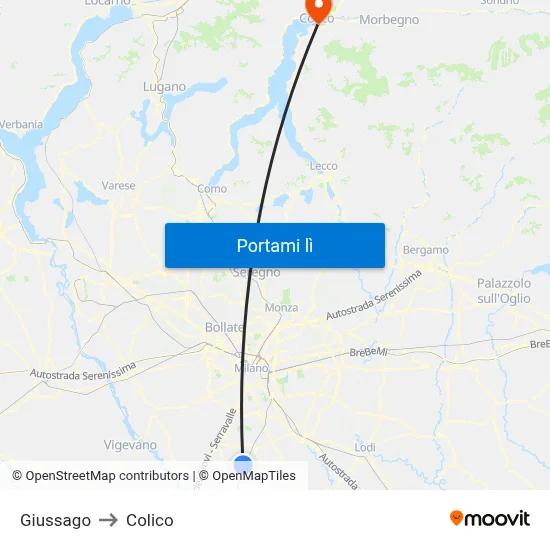 Giussago to Colico map