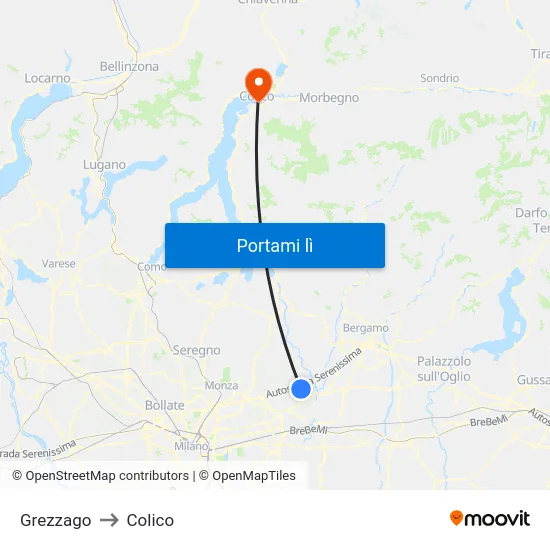 Grezzago to Colico map
