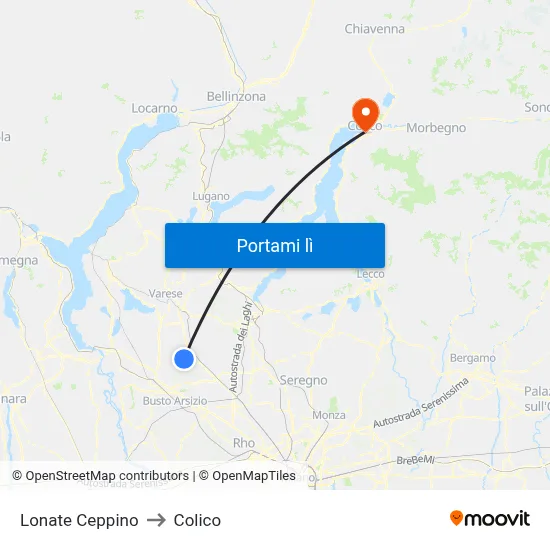 Lonate Ceppino to Colico map