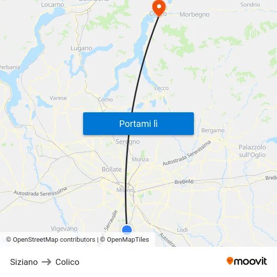 Siziano to Colico map