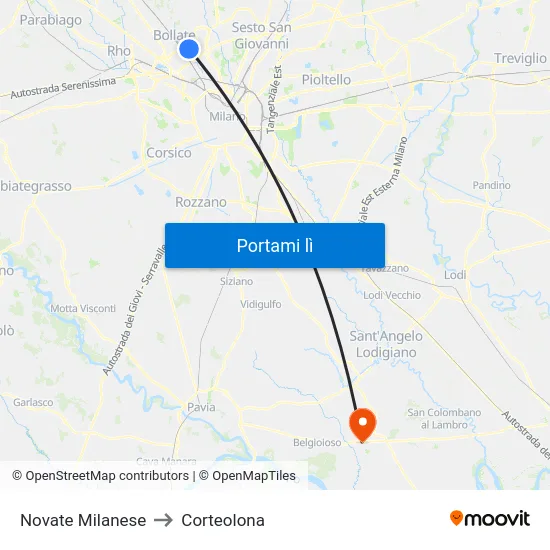 Novate Milanese to Corteolona map