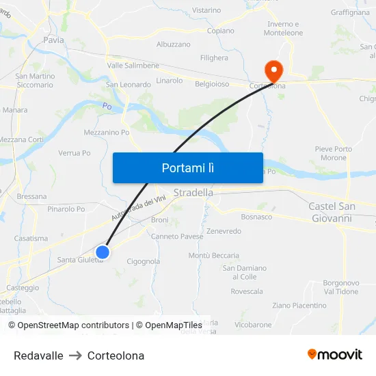 Redavalle to Corteolona map