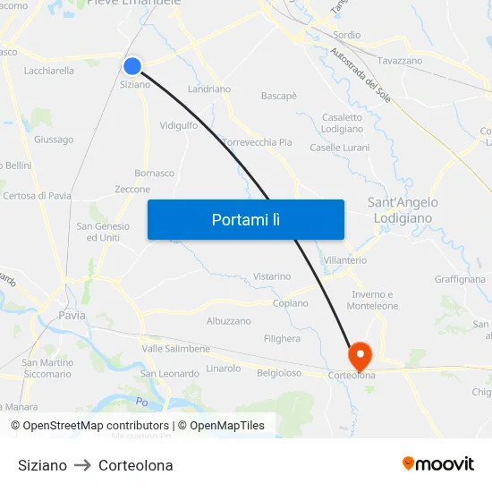 Siziano to Corteolona map
