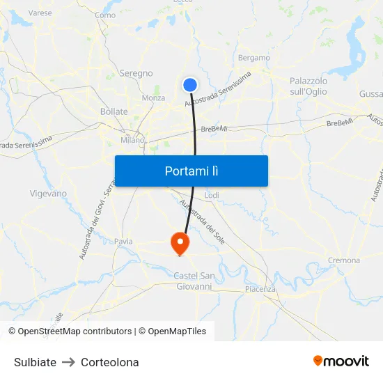 Sulbiate to Corteolona map