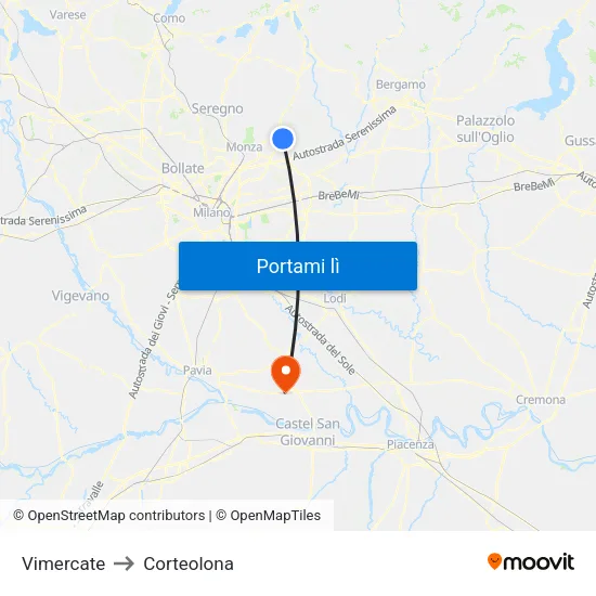Vimercate to Corteolona map