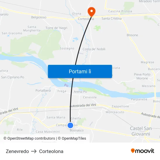 Zenevredo to Corteolona map