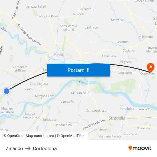 Zinasco to Corteolona map