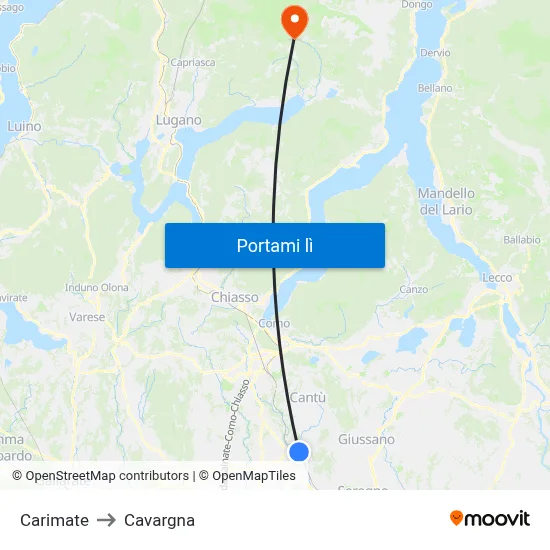 Carimate to Cavargna map