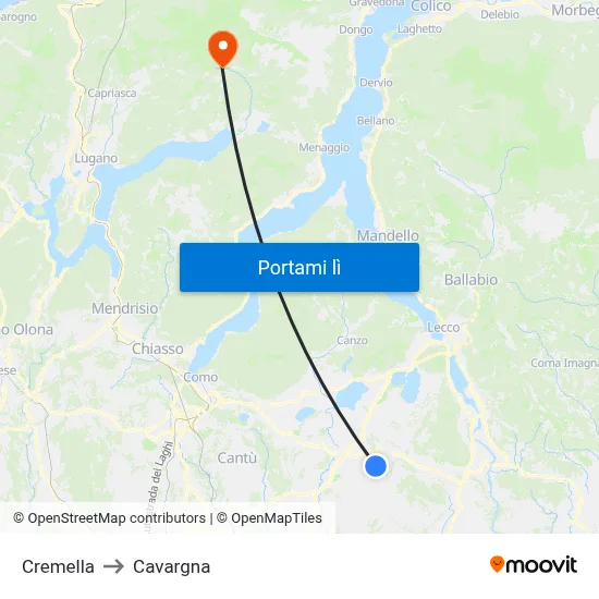 Cremella to Cavargna map