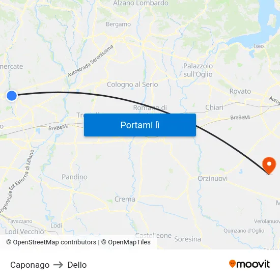 Caponago to Dello map