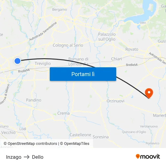 Inzago to Dello map