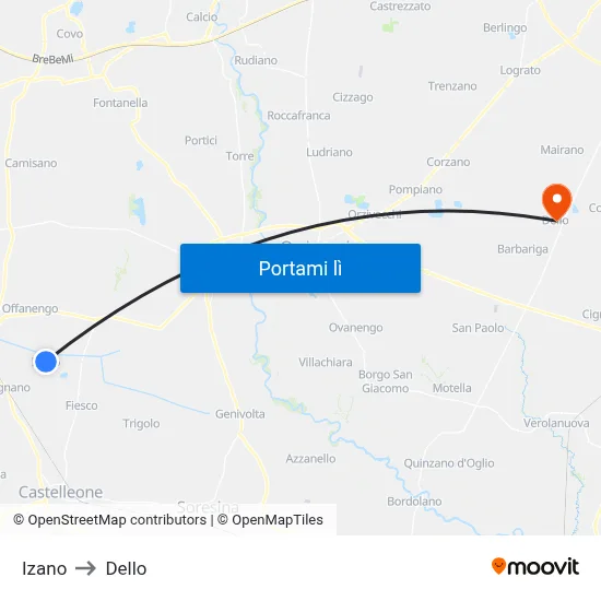 Izano to Dello map