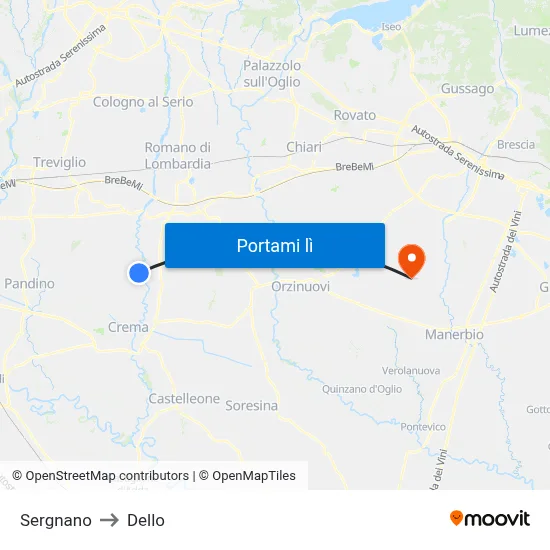 Sergnano to Dello map