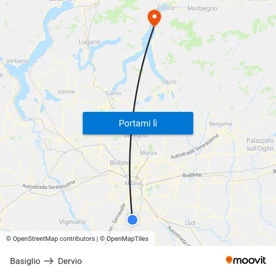 Basiglio to Dervio map