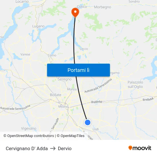 Cervignano D' Adda to Dervio map